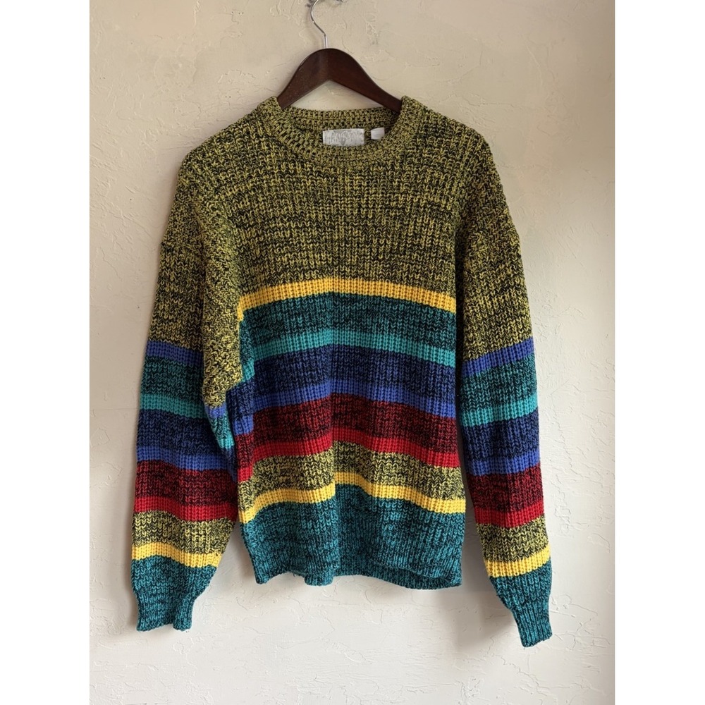 Vintage 80s Saturdays Striped Chunky Pullover Sweater M Rainbow Grunge Grandpa